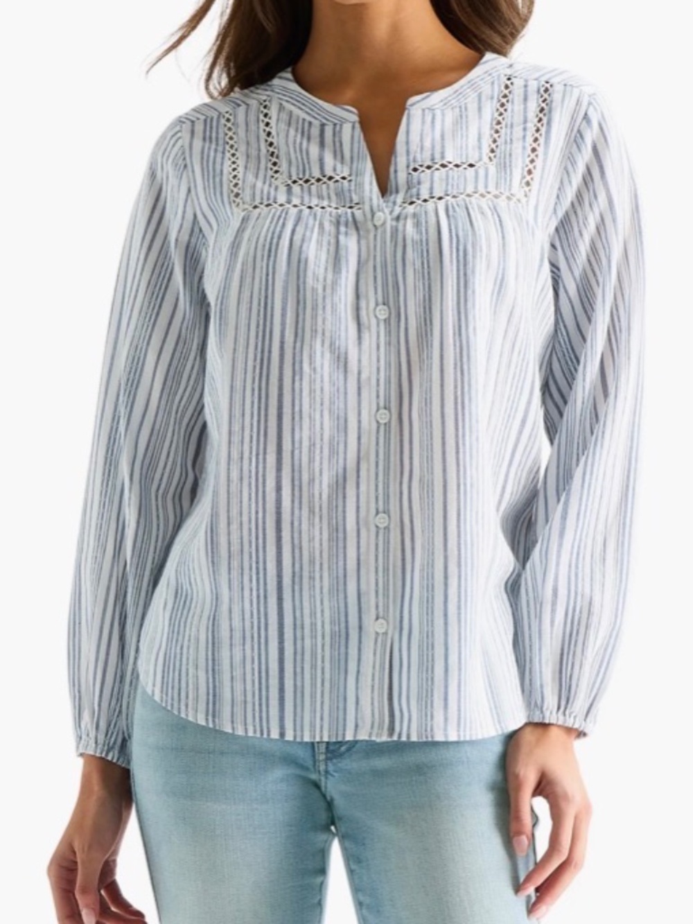 Lucky Brand Stitched Yoke Long Sleeve Button-Up Shirt Striped w/ Cut Outs